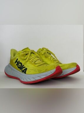 Hoka Neon Yellow Running Shoes with Red Outsoles